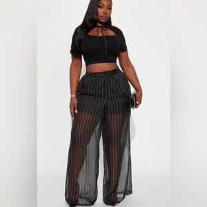Sheer Black Striped Wide-Leg Pants